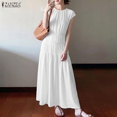 Women Casual Round Neck Solid Color Summer Short Sleeve Dress