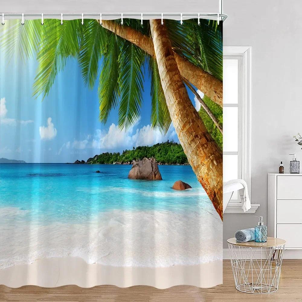 

Seaside Beach Shower Curtain Summer Holiday Coconut Tree Sea View Bathroom Bathtub Decoration Polyester Shower Curtain W60H190(CM)-1 Pcs