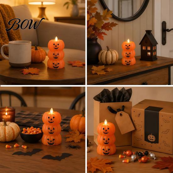 Spooky Holiday Home Accents Halloween 3 Tier Stacked Pumpkin Candle Light, Flickering Flameless LED Fall Atmosphere Ornaments Candle, Battery Operated