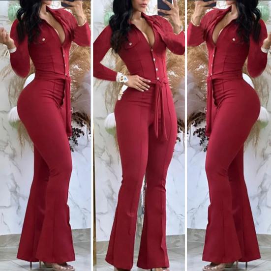 Women Fall Spring Jumpsuit Lapel Half Single-breasted Solid Color Long Sleeve Slim