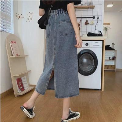 Damen-Jeansrock im Retro-Hongkong-Stil – Sommer 2022, hohe Taille, schmale Passform mit Schlitz auf der Rückseite, mittellange A-Linie