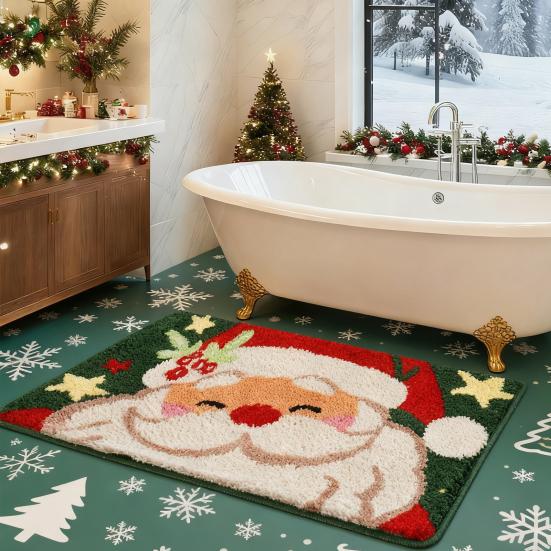 Santa Claus Bath Rug Fuzzy Santa Absorbent Floor Mat Washable Non-Slip Christmas Bathtub Rug for Bathroom Shower Laundry Room Entrance Decor