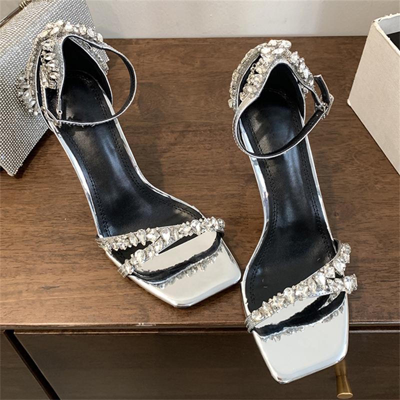 Fashion Eilyken Street Style Crystal Narrow Band Buckle Strap Women Sandals Sexy Thin High Heels Square Toe Banquet Party Shoes