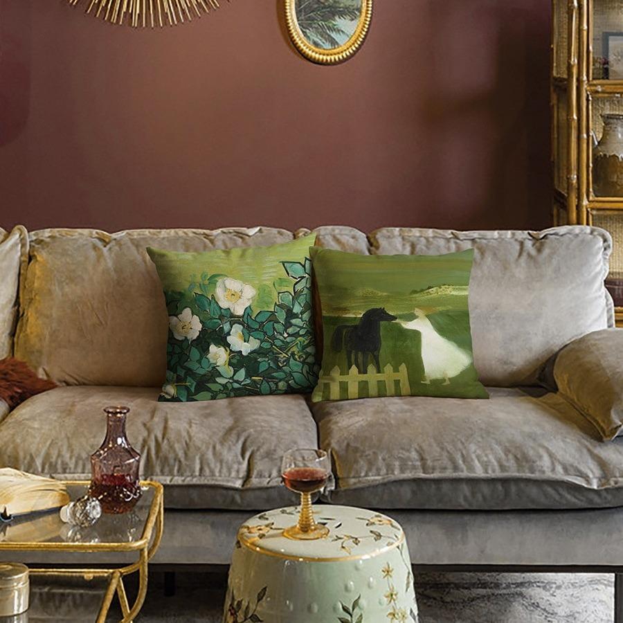 Art Oil Painting Pillow Cover Pastoral Forest Green Flower Home Light Luxury Pillow Sofa Car Bedside Cushion Cover