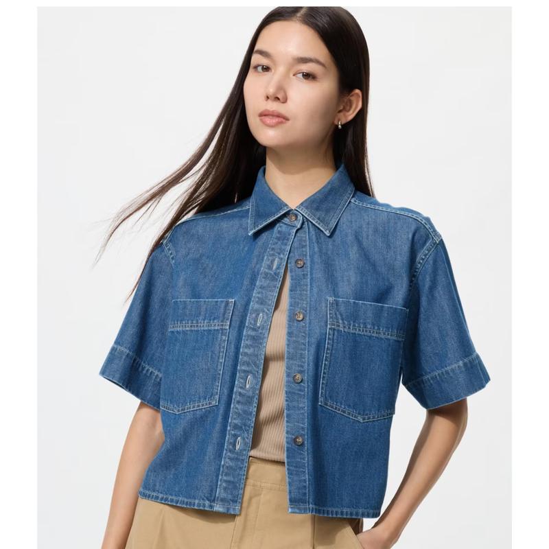 UNIQLO 483877 Denim Boxy Shirt Half Sleeve BLUE NAVY NATURAL Japan