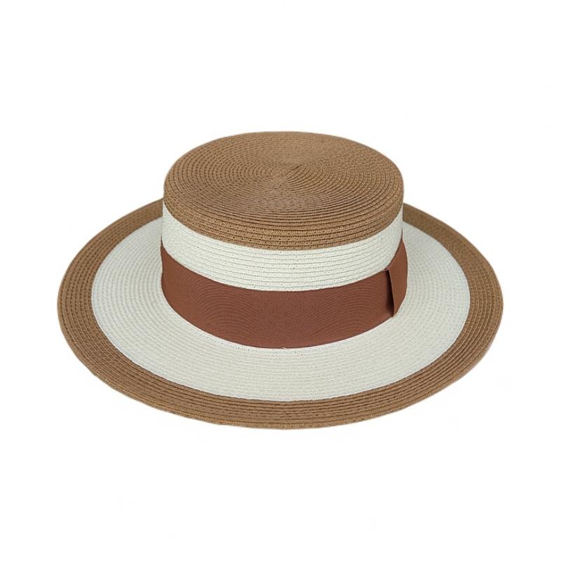 French Retro White Khaki Flat Top Top Hat Women'S Summer Sunshade Vacation Beach Outing Straw Hat Wide Brim Contrasting Colors