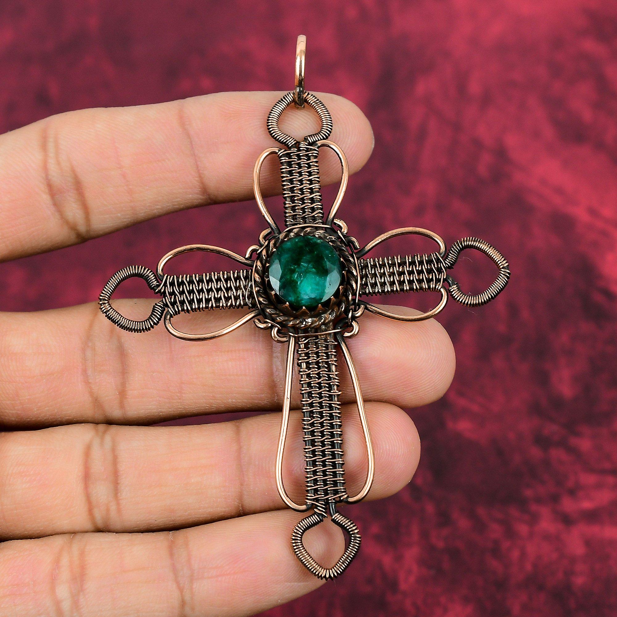 Faceted Zambian Emerald Pendant Copper Wire Wrapped Pendant Handmade Gemstone Jewelry Cross Pendant Copper Wire Wrap Jewelry Gifts For Women