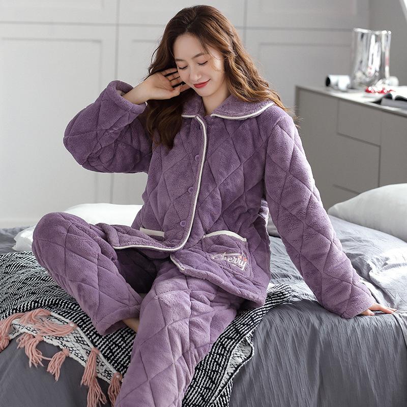 

Пижама из кораллового флиса Женская Зимняя Флисовая Утепленная Трехслойная Подкладка Комплект Женская Термо-Домашняя одежда 2XL