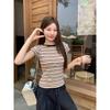 American retro contrasting color crew neck striped front shoulder short-sleeved t-shirt women's summer undershirt slim-fitting top