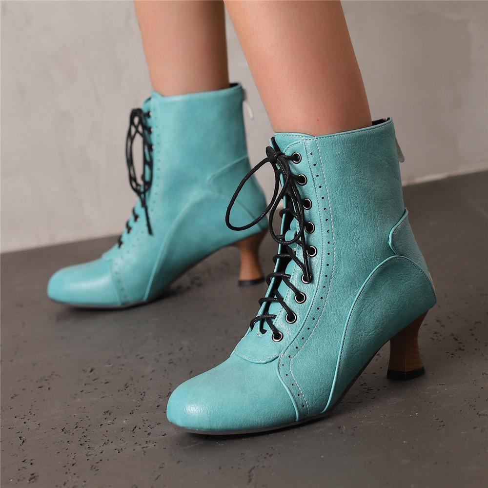 New Lace Up Ladies High Heel Shoes Strange Steampunk Boot Victorian Ankle Boots Women Pointed Toe Thick Soled Short Boots
