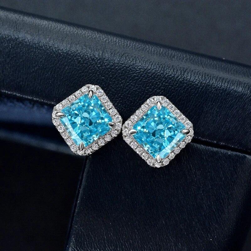 

Серьги-гвоздики из стерлингового серебра 100% 925 пробы 7*7 мм с аквамарином, желтым и розовым высокоуглеродистыми бриллиантами для женщин, сверкающие изящные ювелирные изделия