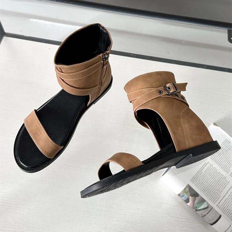 Fashion New Open Toe Ankle Boots Women Summer Fashion Rivets Belt Buckle Design Square Heel High-top Flat Sandals Elegant Leather Boots