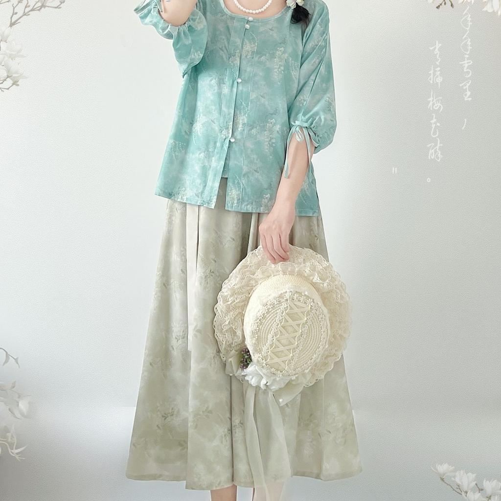 Chinese Tang Dynasty Style Hanfu Printed Tang Robe Top Waist Skirt Modified Daily Suit For Women