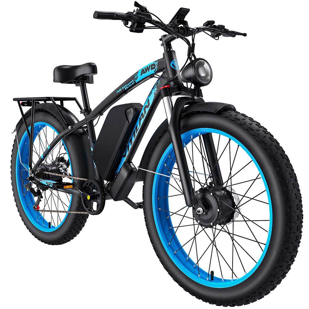 Elektrofahrrad für Erwachsene Vitilan H5 1000W x2 Motor LCD-Display 52V 25AH Shimano 7-Gang All-Terrain E-Bike Maximale Zuladung 150kg Blau