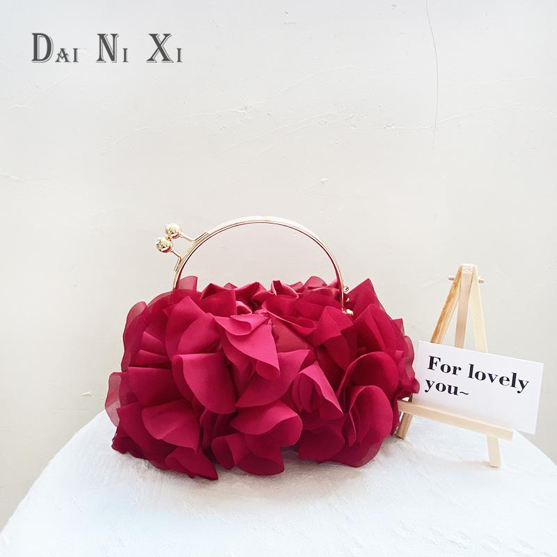 

Dai Ni Xi Luxury Silks Flower Clutch Tote Bag Ladies Bridal Handbag Metal Handle Women Wedding Satin Purse