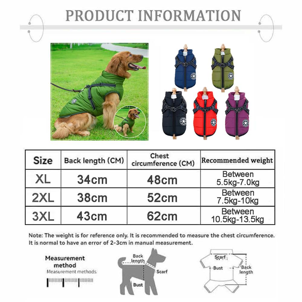 Winterwarme Haustier-Hundejacke mit Geschirr Wasserdichte Hundemantelweste für kleine mittelgroße Chihuahua Französische Bulldogge Outdoor-Hundekleidung