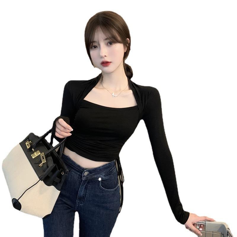 Sexy Square Neck Bottoming Shirt Women'S Niche Spring And Autumn New Inner Long-Sleeved T-Shirt Slim Drawstring Top Tide