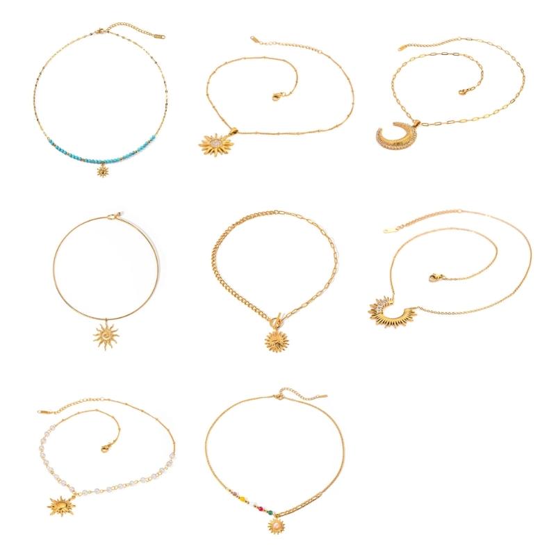 18K Gold Plated Pearls Chain Sun Pendant Necklace Sturdy Stainless Steel Waterproof Jewelry Accessory for Women