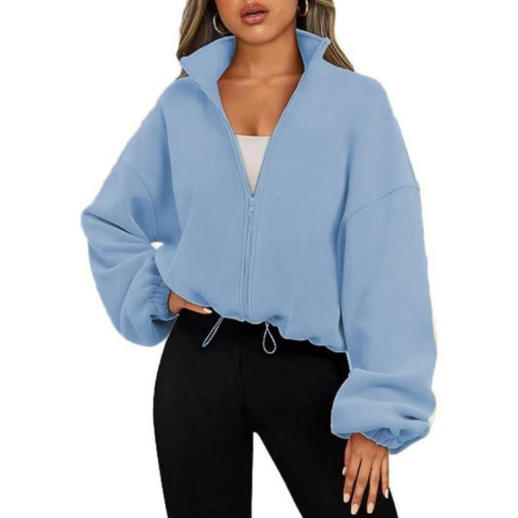 Fleece Lined Zipper Jacket Vertical Collar Fleece Sport Jacket European American Women