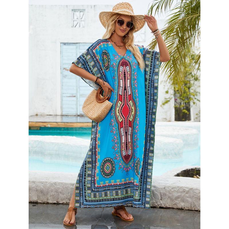 Bohemia Summer Fashion V Neck Positioning Print Loose Djellaba Beach Vacation Bikini Sun Protective Blouse
