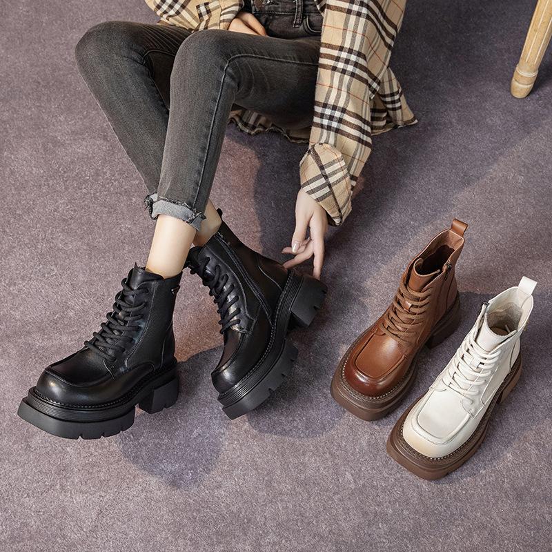 The First Layer of Cowhide Martin Boots for Women In the Autumn and Winter of 2025, the New Retro Lace-up Leather Thick-soled Muffin Leather Boots for