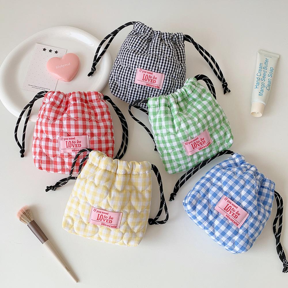Ins Korean Plaid Drawstring Makeup Bag for Girls Portable Skincare Organizer Travel Organizer Bags Toiletry Bag Drawstring Bags