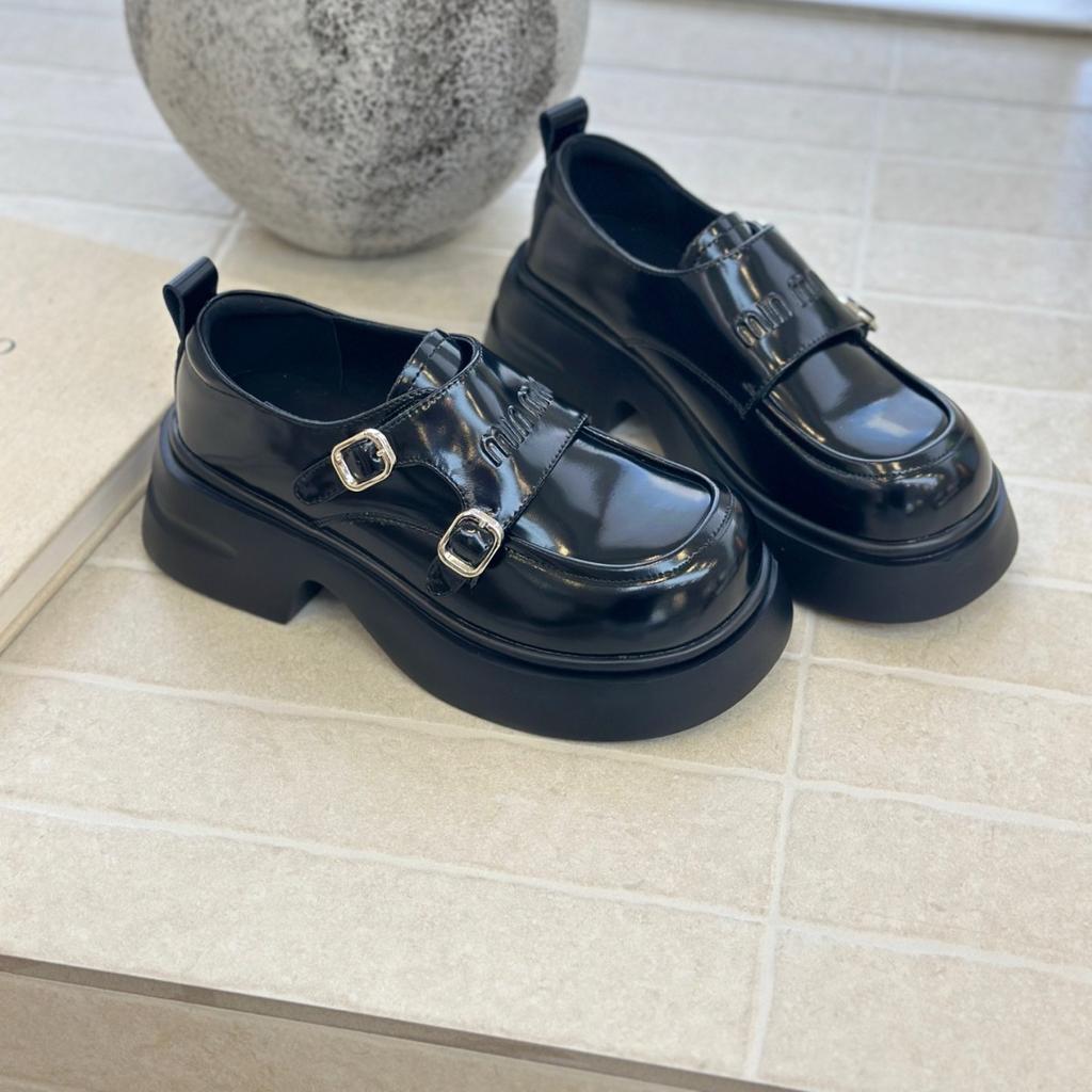 Miu's Home~ Super Soft Sheepskin Thick-soled Thick-heeled Small Leather Shoes Women's Round Head Fashionable Double Buckle with British Style Love