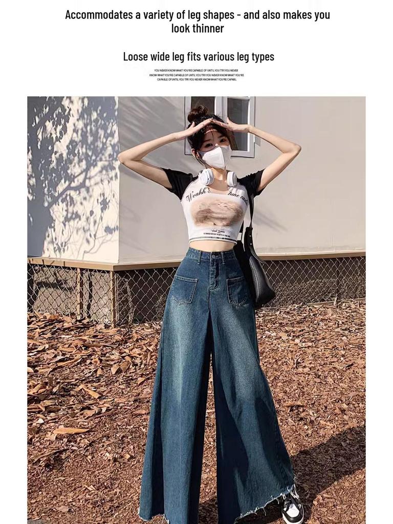 Plus Size Retro Frayed Wide-Leg Denim Skirt for Pear-Shaped Women - High Waist, Slimming Flared Design for Spring and Autumn.