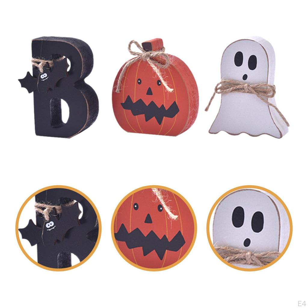 3 Pieces Cute Halloween Decoration, Wooden Signs, Tiered Tray Decor for Shelf Mantel
