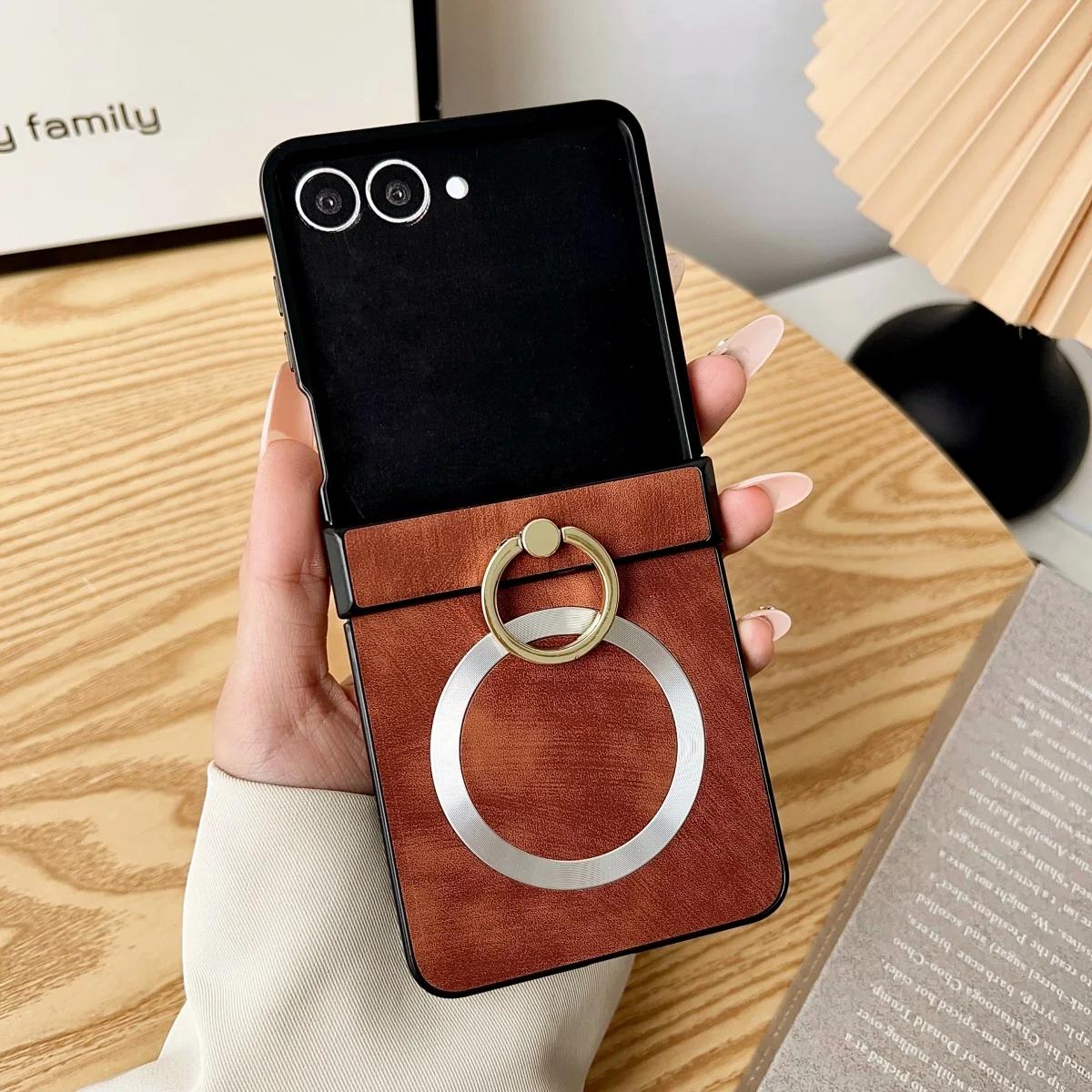 

Роскошный деловой кожаный металлический держатель-кольцо для пальца для магнитного чехла Magsafe для телефона Samsung Z Flip 7 6 5 4 3 Защитная крышка Galaxy Z Flip7 коричневый