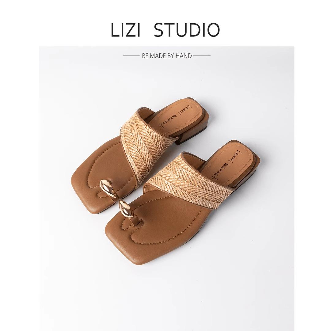 

Retro woven toe slippers women s outer wear summer new niche set toe sandals thick heel with skirt sandals 40 светло-коричневого