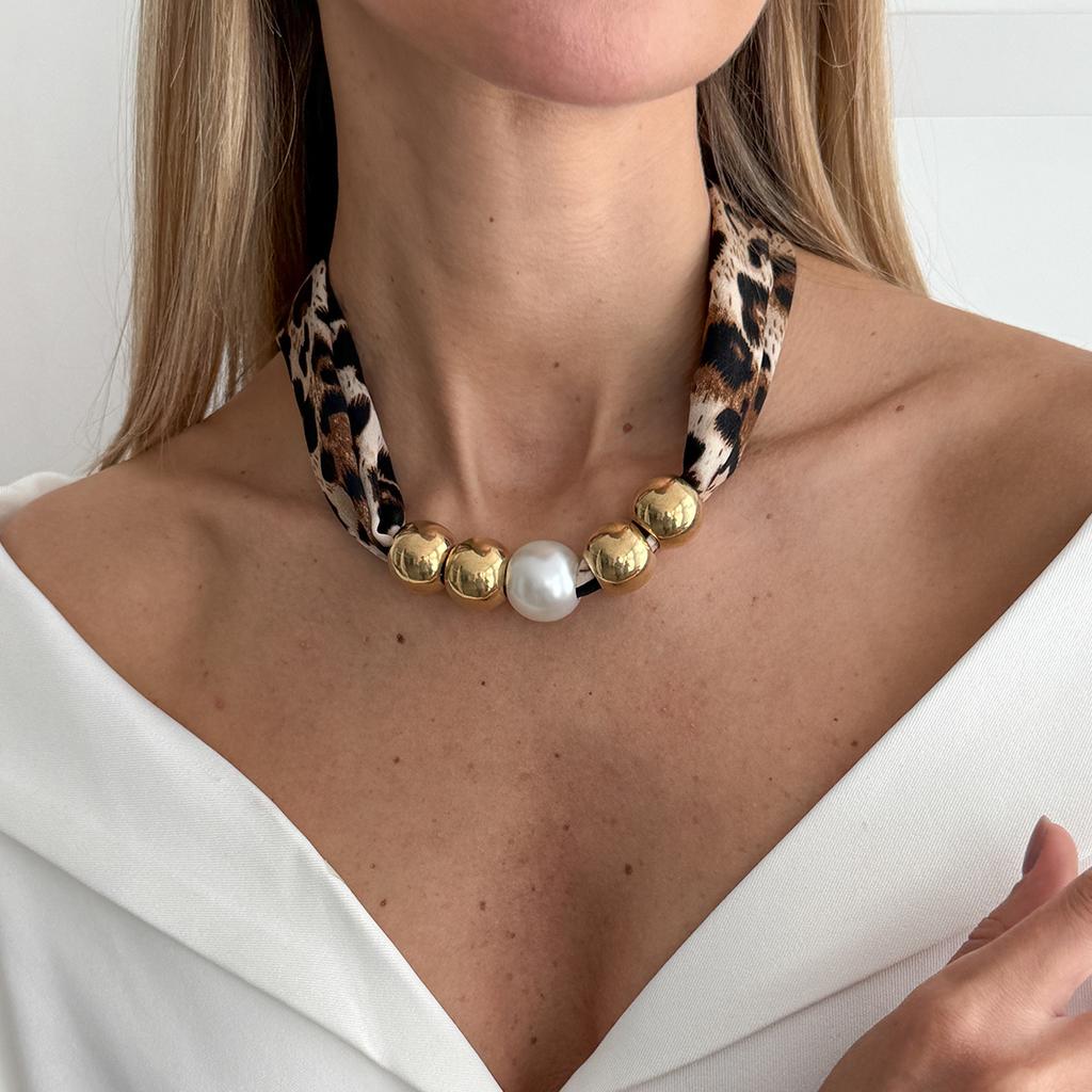 Vintage Leopard Print Silk Scarf Flannel Knotted Necklace Female, Creative Imitation Pearl Ccb Beaded Neck Chain Necklace