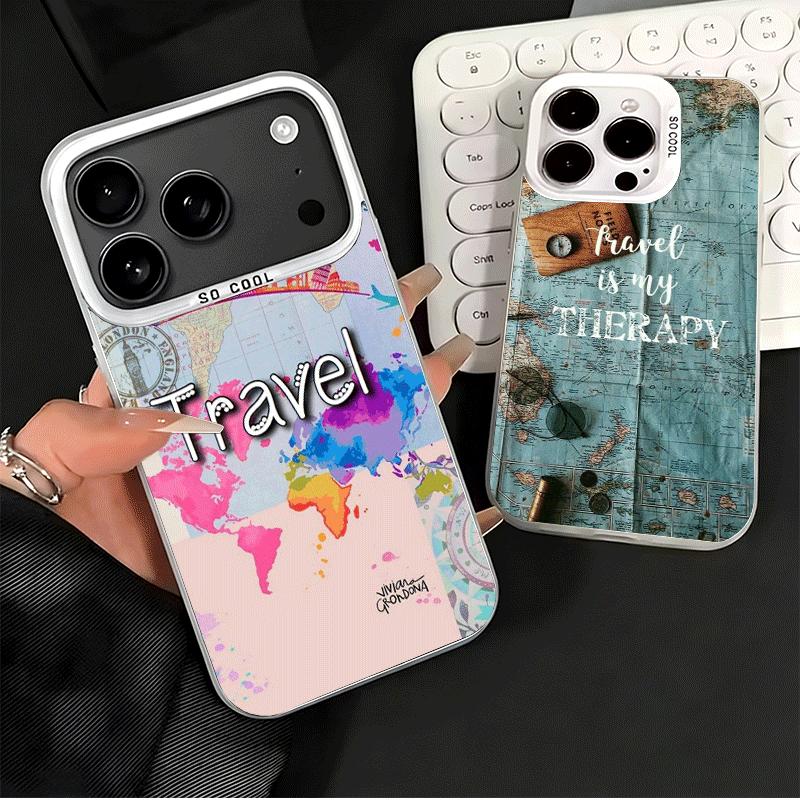 Travel Map Artistic Pattern Shockproof Phone Case for iPhone 17 Air 16 16E 15 Pro Max 14 Plus 13 Mini 12 Back Cover Anti Fall Fu
