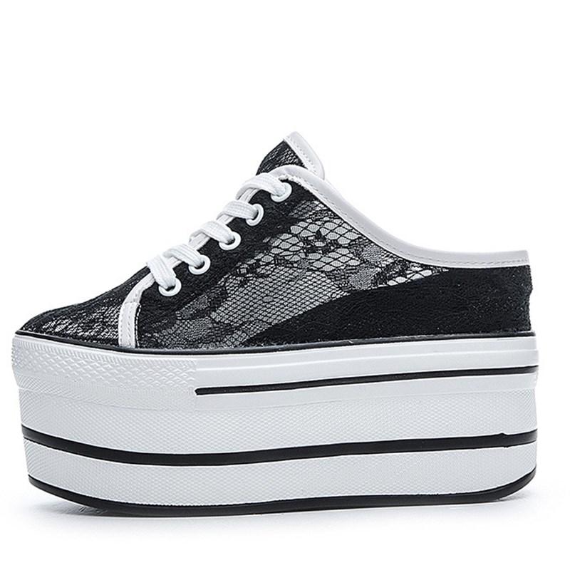 мода повседневная обувь тапочки женская парусиновая обувь мода дышащая платформа танкетка женские тапочки кроссовки мюли сандалии слайд 39 чёрный