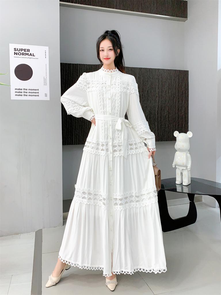 New vintage palace-style long-sleeve, stand collar, waist-cinching, slimming A-line hollow-out single-breasted dress is excellent