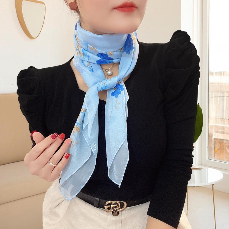 Grote 95cm Vierkante Koreaanse Zijde Chiffon Sjaal voor Dames - Bedrukte Nek- of Hoofddoek