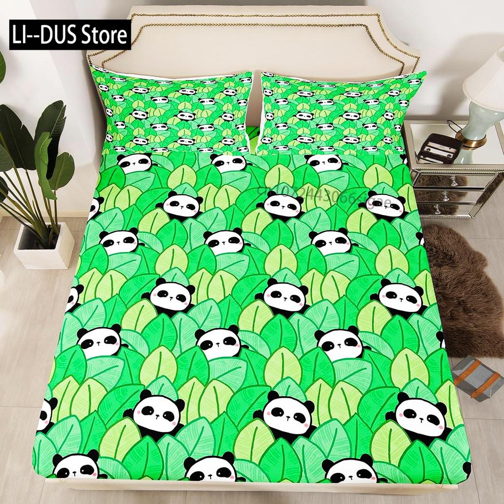Kids Black Printed Cartoon Panda Beddings Cute Animal Pattern Teens Bedlinings 1 Duvet Cover Sets and 2 Pillowcases Full Size