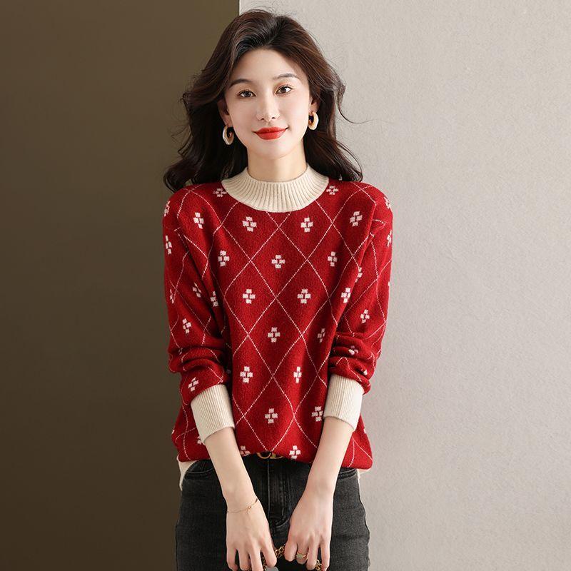 

Semi-high-neck Sweater for Women In Autumn and Winter Thickened Jacquard Pullover Top Fashionable Loose Large-sized Knitted Sweater S красный
