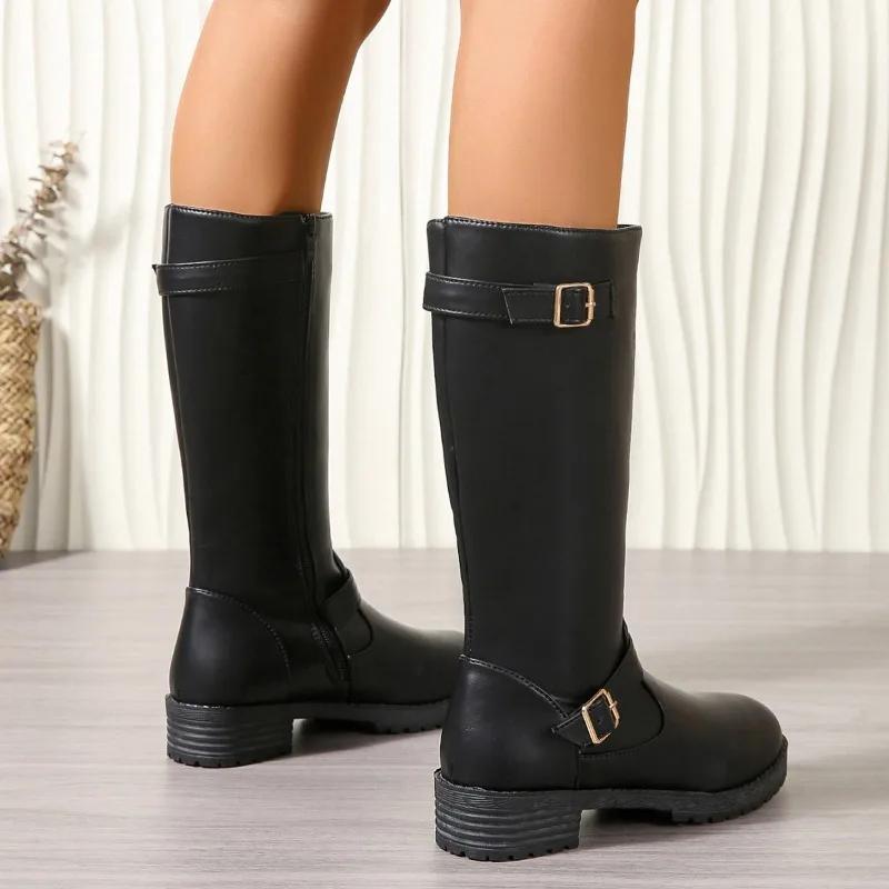 Bottes Gothiques à Boucle de Ceinture pour Femmes Noires à Talons Épais Bottes Hautes au Genou Femme Grande Taille 43 Longues Féminines 2025