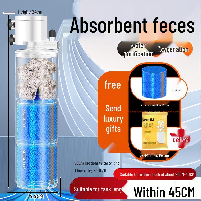 Silent Aquarium Filter: Submersible 3-in-1 Water Purifier, Circulator, and Oxygen Pump with Poop Suction Feature.