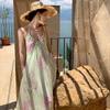 French Gentle Backless Vacation Summer Three-dimensional Flower Green Purple Smudged Suspender Dress Women's Seaside Dress
