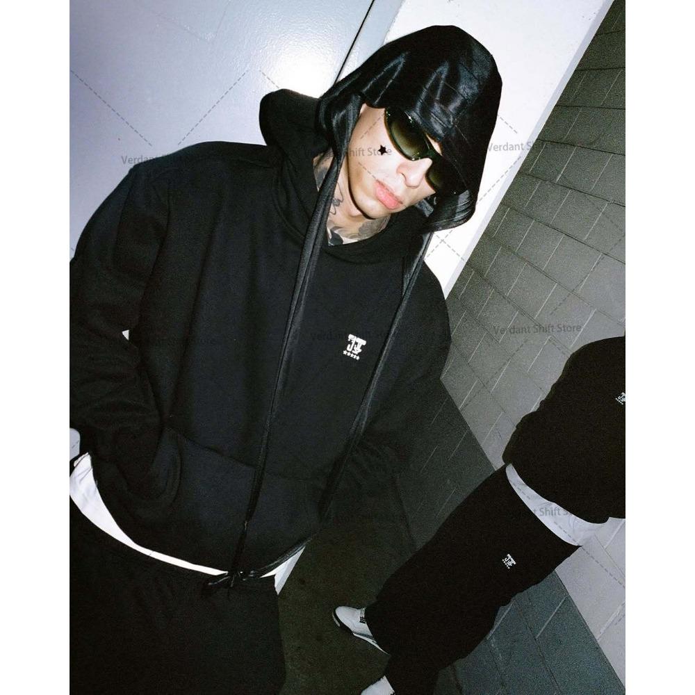 Černá Mikina a Široké Tepláky Set Street-style Minimalistický Módní Trend Sportovní Oblečení Set Neutrální Styl Streetwear Móda