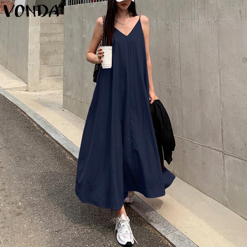 VONDA Women Casual Strap Sleeveless Ruffled Baggy Casual Swing Long Dress