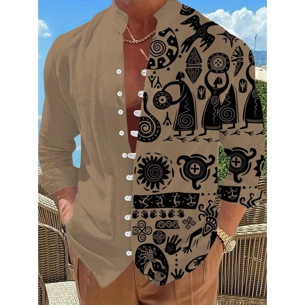 Brand New Men s Long-sleeved Casual Shirt Ethnic Print High-quality Top Suitable for Daily Wear S