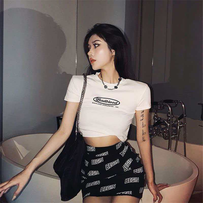 Spice Girl Alphabet Short Sleeve T-Shirt Women s Summer New Niche Sweet and Spicy Style Navel Top Hit M