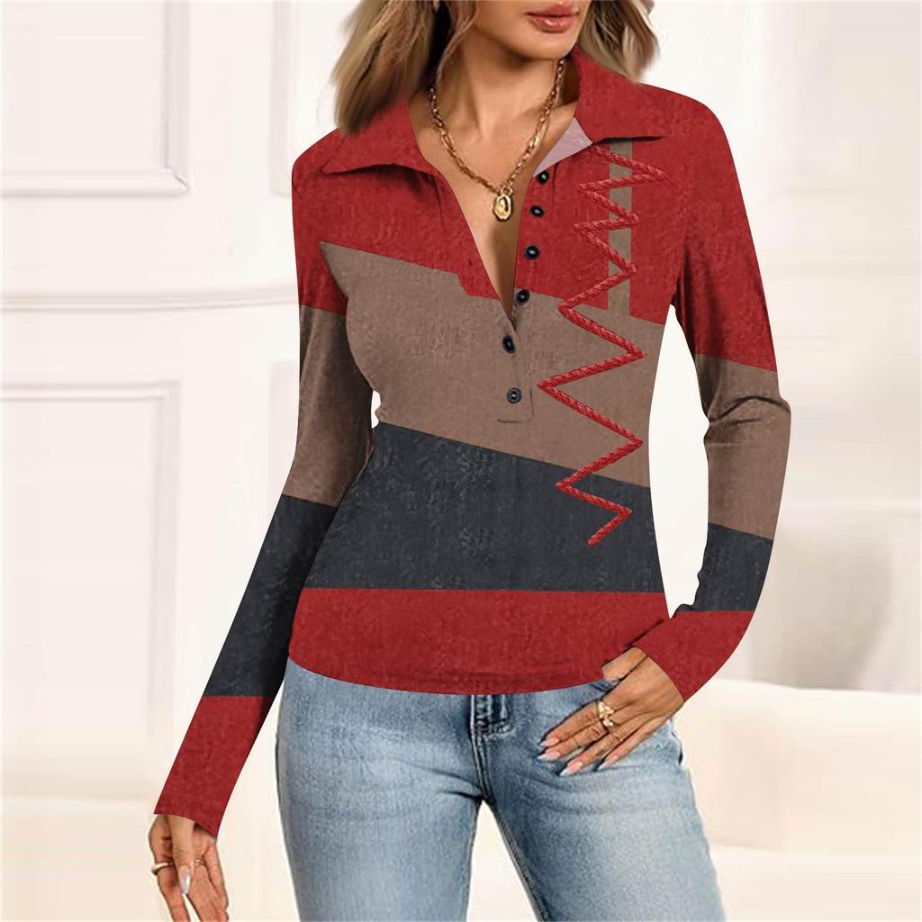 Damenmode Lässig Bedrucktes V-Ausschnitt Langarm Knopfleiste Oberteil