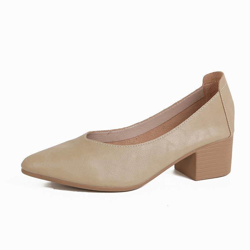 Leather single shoes thick heel 2025 new versatile fairy wind ladyshoes shallow mouth middle heel size women's shoes grandma shoes versatile