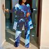 Women Plus Size Two Piece Printed Outfit Three Quarter Sleeve Round Neck Irregular Hem Top Wide Leg Pants