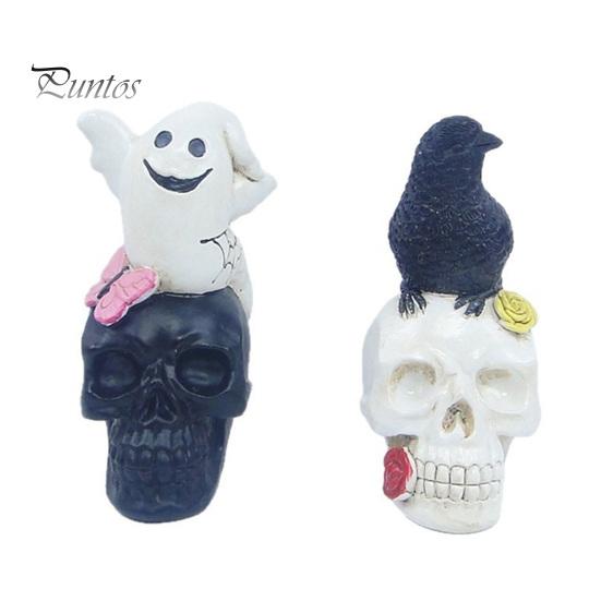 Creepy Party Table Decorations Gothic Halloween Skull Figurine, Spooky Ghost/Raven on Statue, Dark Aesthetic Room Decor Resin Tabletop Ornament