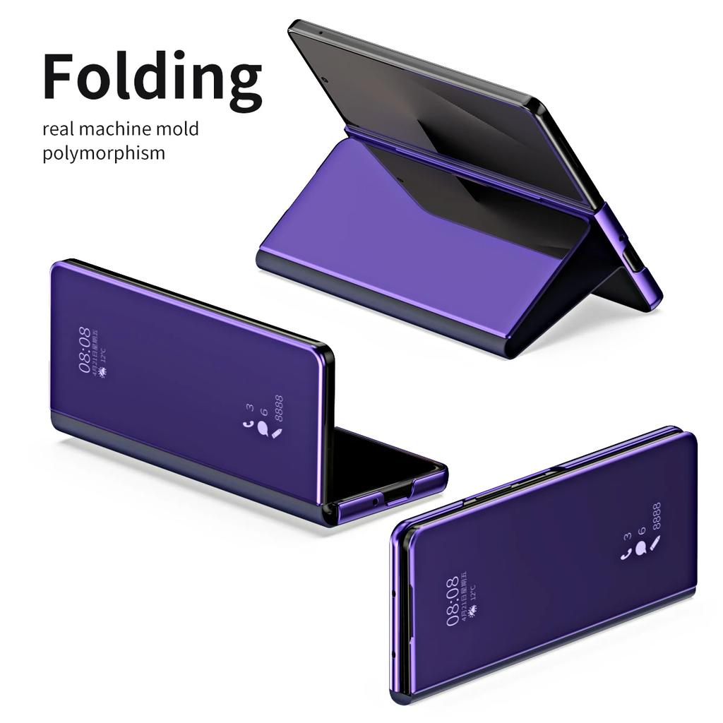 Smart Flip Case for Samsung Galaxy Z Fold 7 8 Fold7  Mirror Plating Plastic PU Leather Kickstand View Shockproof Phone Cover